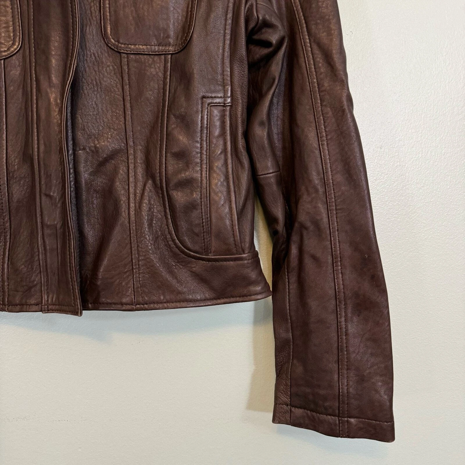 Giorgio Valentino Giacca Donna M Moto Biker Pelle Finto Collo Zip Marrone