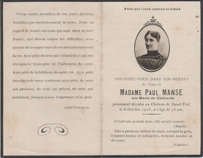 1925 Memento von Frau Paul MANSE geb. Marie de CABISSOLE - Lunel-Viel (Hérault).