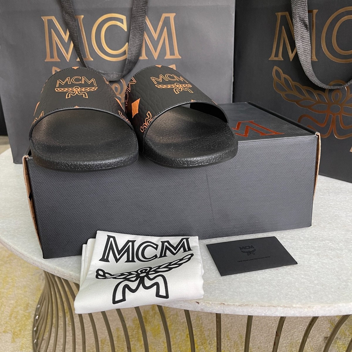 MCM Mens Black Visetos Print Leather Slides Slippers, MEX  display picture 1