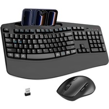 Wireless Keyboard and Mouse Combo, 2.4G Full Size Wave Keys Ergonomic Keyboar...