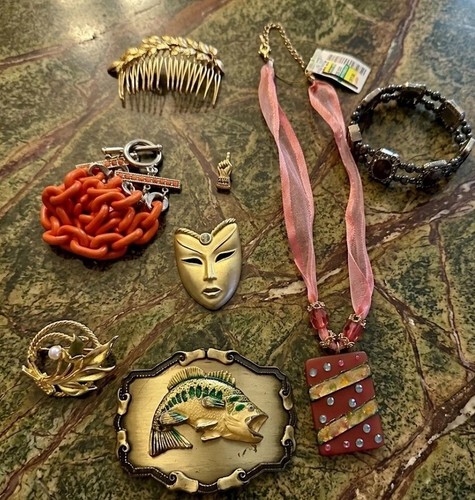 VTG JEWELRY & Accessories Lot-1978 Brass Raintree Buckle+Museum Style Cameo+