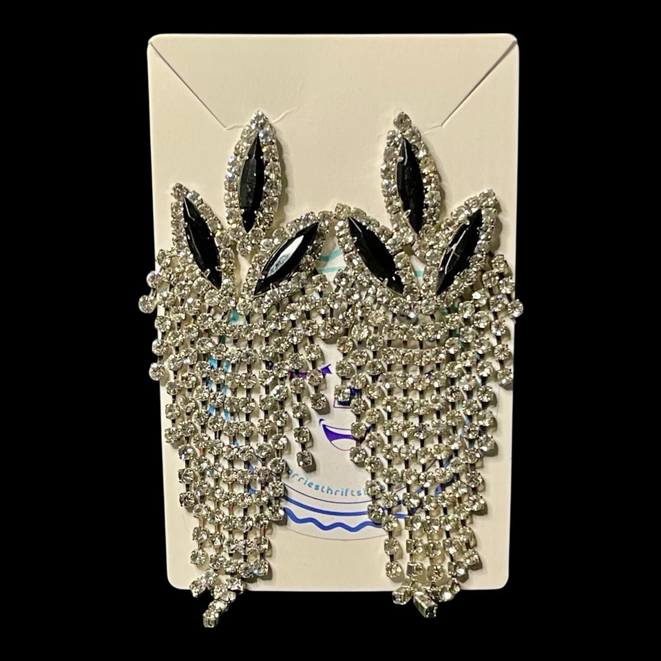 Vintage Black White Crystal Long Dangle Drop 3.5" Glitz Party Post Earrings - Image 3 of 4