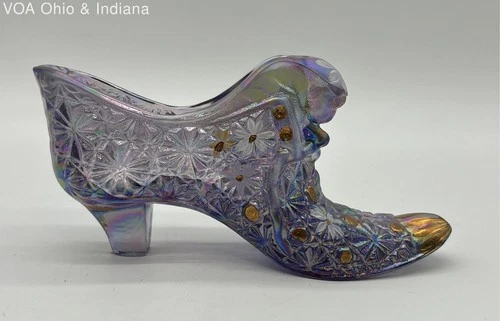 Fenton Daisy & Button Slipper Shoe Amethyst Carnival Glass Hand Painted Signed