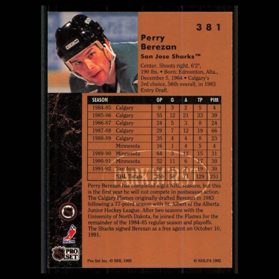 Perry Berezan #381 1991 Parkhurst San Jose Sharks Hockey Card NHL NM - Image 2 of 3