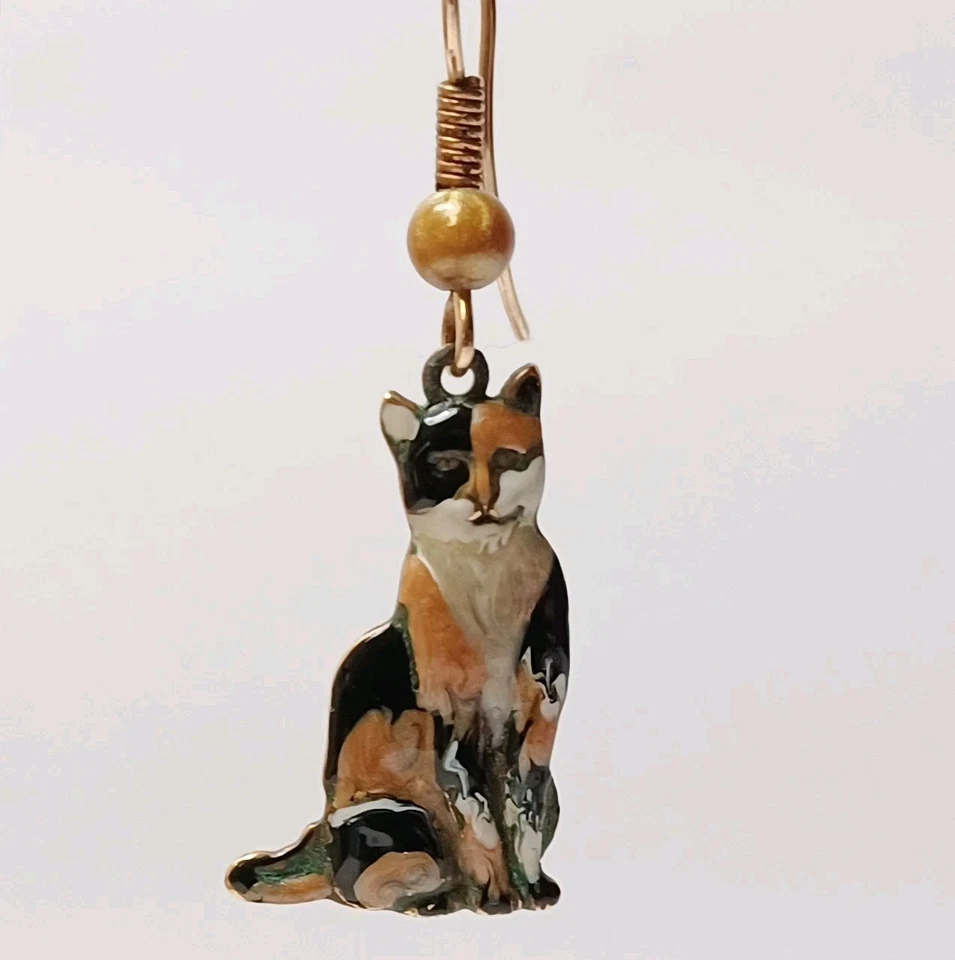 Pendientes colgantes esmaltados Calico gato hechos a mano vintage únicos en su clase Foto 2 de 4