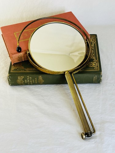 Vintage Brass Hand Mirror Magnifier with Unique Handle