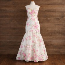 Whimsical Fairy Formal Dress 9 White Pink Roses Strapless Mermaid Sweetheart