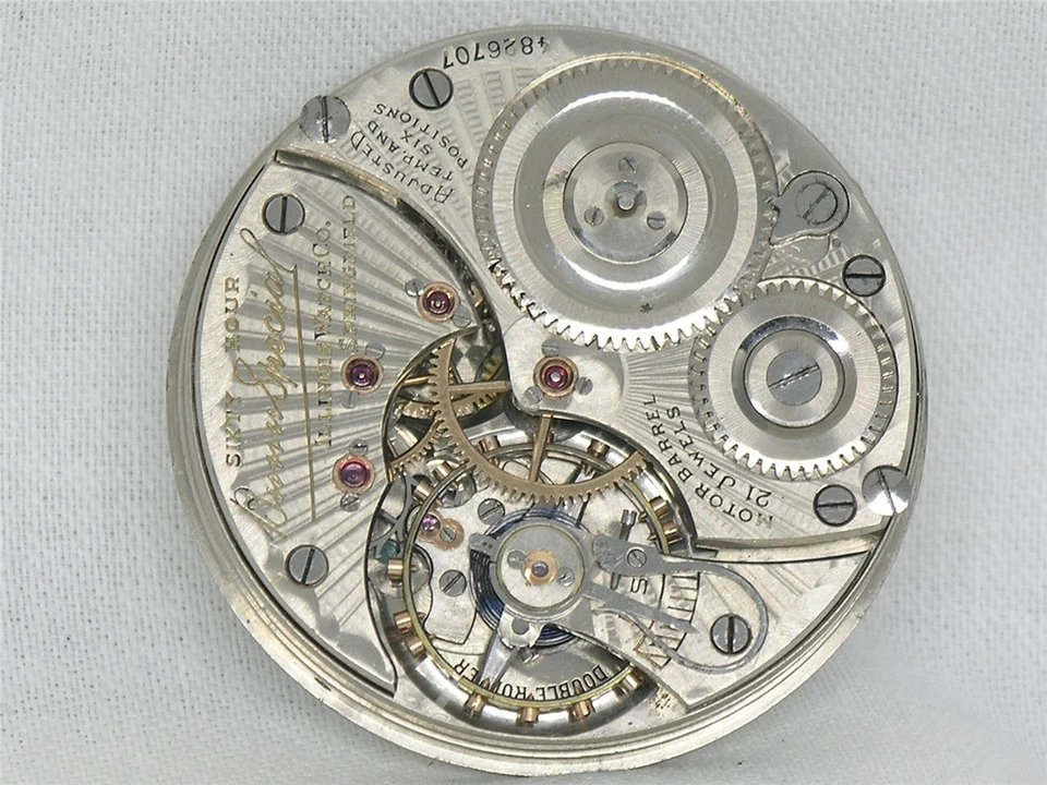 SCARCE 16S ILLINOIS 21 JEWEL 60 HOUR BUNN SPECIAL POCKETWATCH MOV'T & DIAL, RUNS - Image 3 of 4