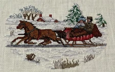 Finished Completed Christmas Sleigh Ride Cross Stitch Piece -Stitched 1 Over 1