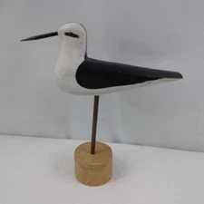 Hand Carved Sandpiper Shorebird With Stand Black White Wood Coastal