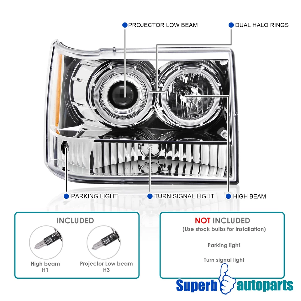 Fits 1993-1996 93-96 Jeep Grand Cherokee Dual Halo Projector Headlights Pair - Изображение 4 из 4