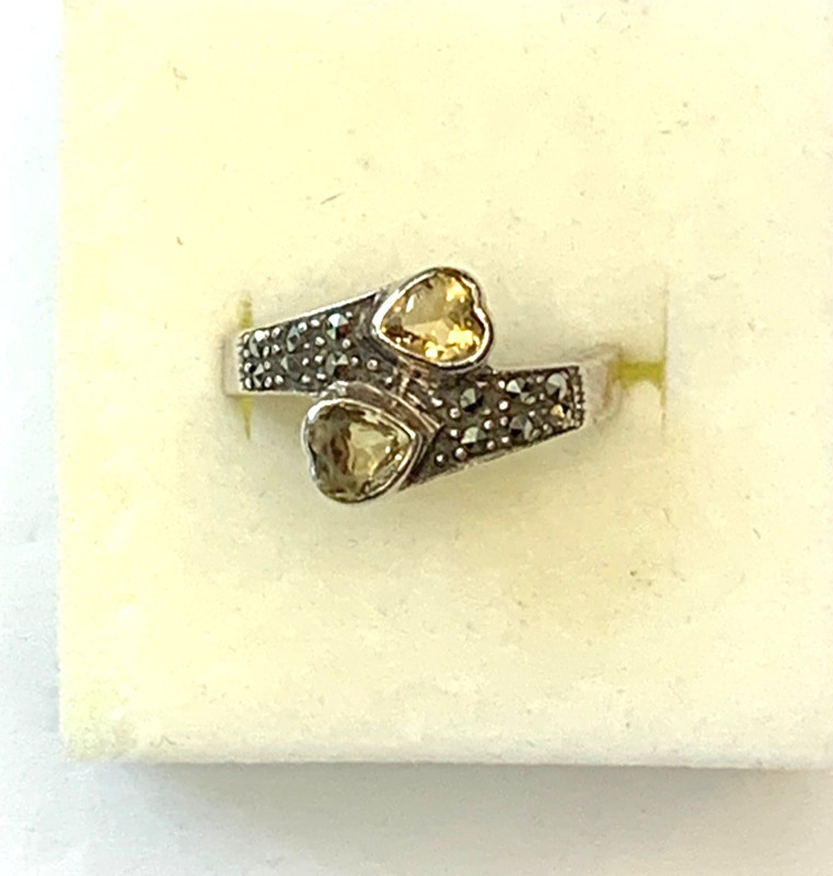 925 Sterling Citrine and Marcasite Double Heart Ring Sz6.25