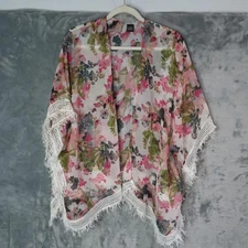 Floral Kimono Womens One Size Sheer Lace Fringe Open Front Boho Summer Cardigan