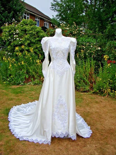 alfred angelo wedding dress 10 12 cathedral train cream vtg 80