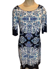 Eliza J Sheath Dress Women's Size 4 Print Blue Victorian Geom Pattern Crew Neck