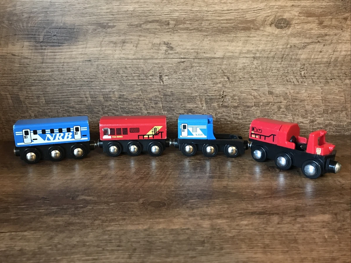 TOYS R US NRB WOODEN AND PLASTIC TRAINS Red And Blue Kids Toy Gift Ships  Fast