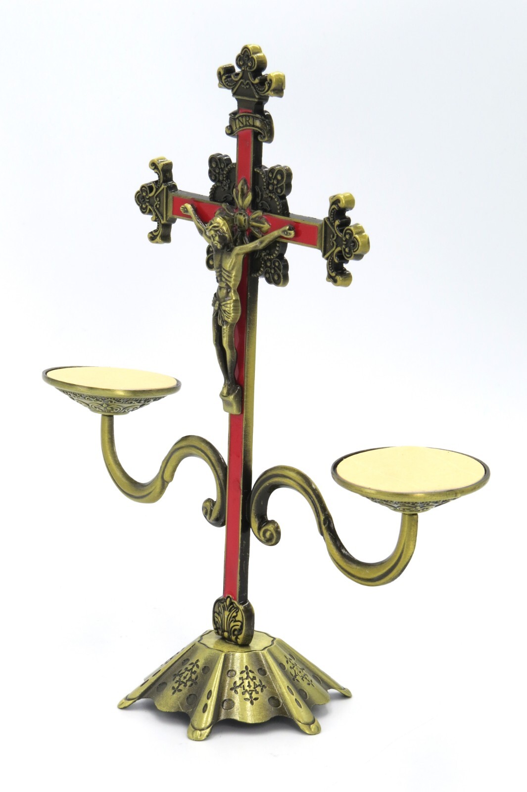 Crucifix Candle Holder Cross Bronze Toned Metal Statue and Tabletop Jesus Christ