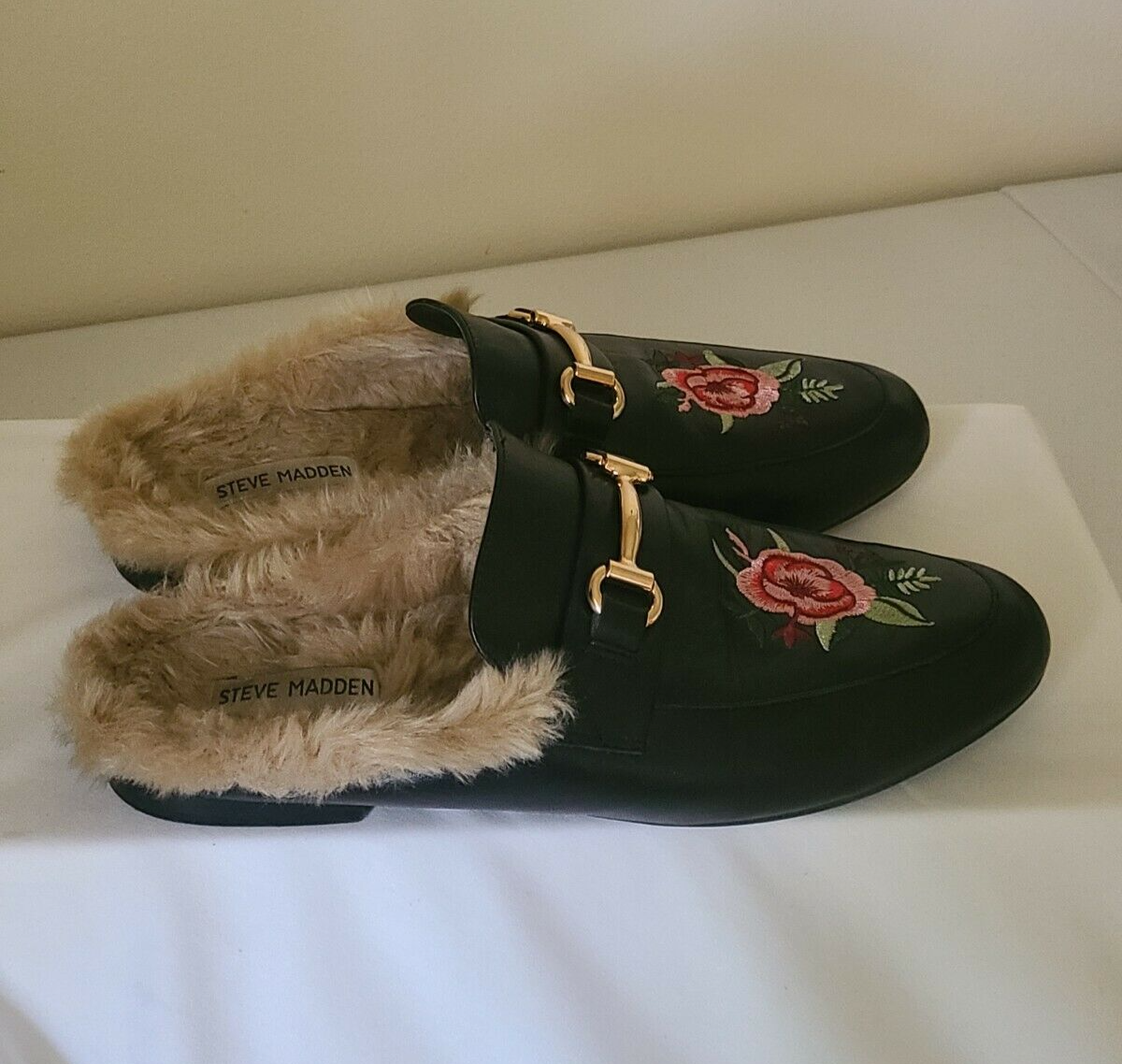 Steve Madden Jill Black Faux Fur Backless Leather Loafer Floral Mules Sz 10  M | eBay