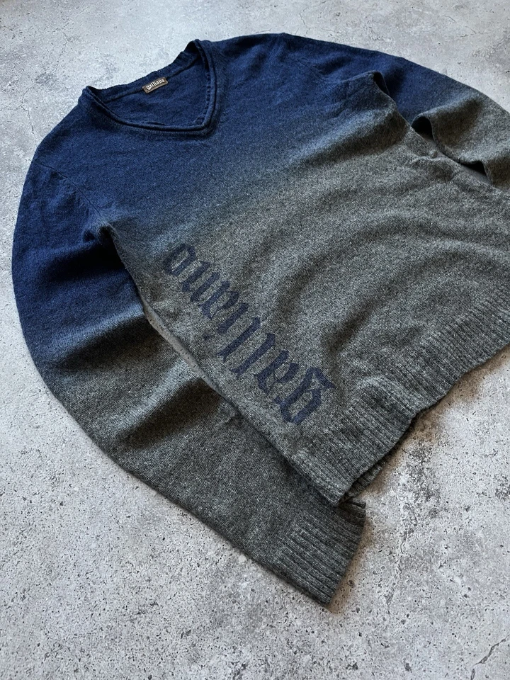 Suéter tejido vintage Galliano de dos tonos azul/gris degradado lana cuello en V para hombre talla L Foto 2 de 4