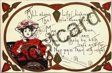 1910, "All Along Life's Highway..." fancy lady in automobile, postcard jj470
