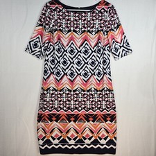 Vince Camuto Sheath Shift Dress Short Sleeve Colorful Geometric Pattern Womens 8