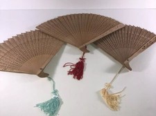 Lot Of 3 Vintage Folding Fan Wooden Hand Held Asian Chinese Carved READ