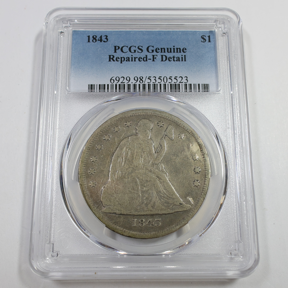 1843 P PCGS F Detail - Silver Seated Liberty Dollar $1 Coin