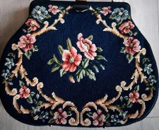 Vintage 1960s Large Blue Green Luxury Floral Tapestry Needlepoint Purse Bag READ