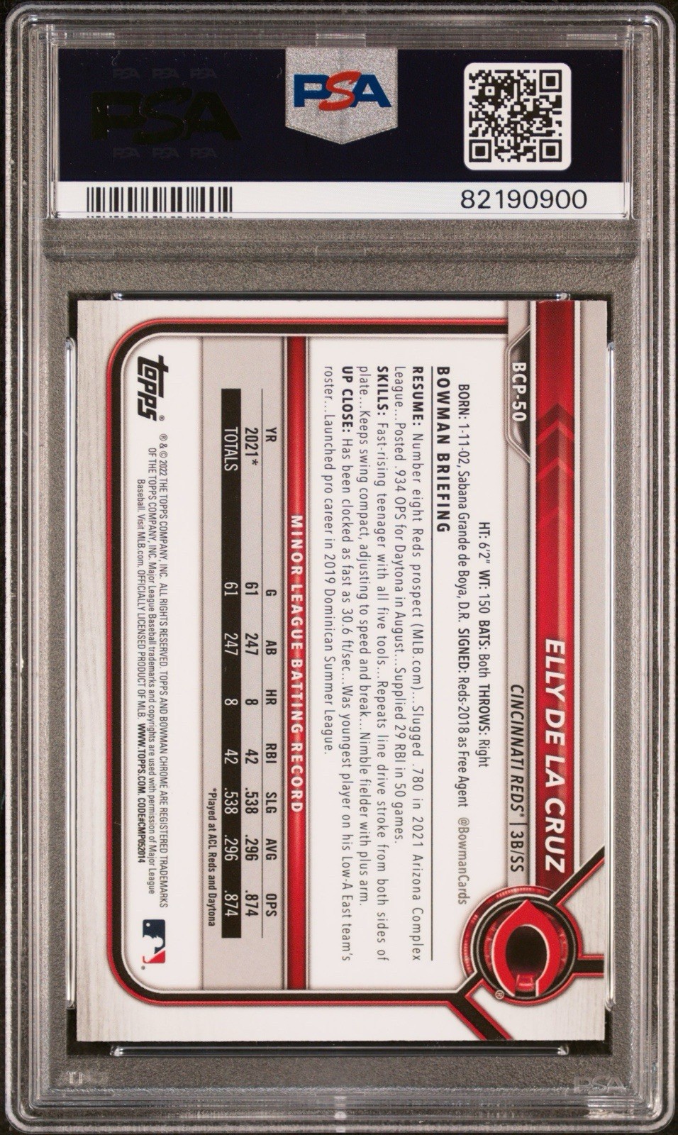 2022 Bowman Chrome Prospects Elly De La Cruz Mojo Refractor Rookie BCP-50 PSA 9 view 2