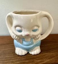 Vintage Ceramic Bunny Rabbit in Overalls Planter Mug