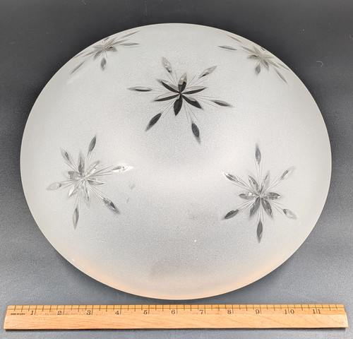 Vintage 12” dia. Mushroom-Shaped Frosted Wheel Cut Glass Shade, 10” Fitter