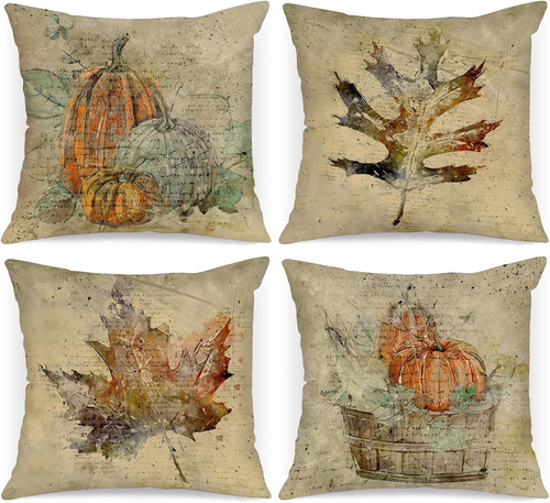 4 Pezzi Federe Cuscini Autunno Copricuscini 40X40 Cm, Acquerello Zucca 4 Pezzi Federe Cuscini Autunno Copricuscini 40X40 Cm, Acquerello Zucca