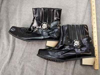Faux Leather Boots Mens 12 46 Black Biker Skull Studded Ankle Slip Resistant