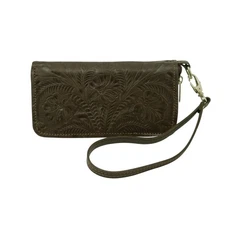 American West Womens Hand Tooled Chocolate Brown Leather Zip Around Wallet OS