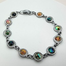 Vintage 90s Silver Tone Abalone Shell Bracelet Circular Links Coastal Jewelry