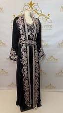 Fancy Kaftan Abaya Set 3 Pc Embroidery Colorful Beads Black Long Sleeve Dress