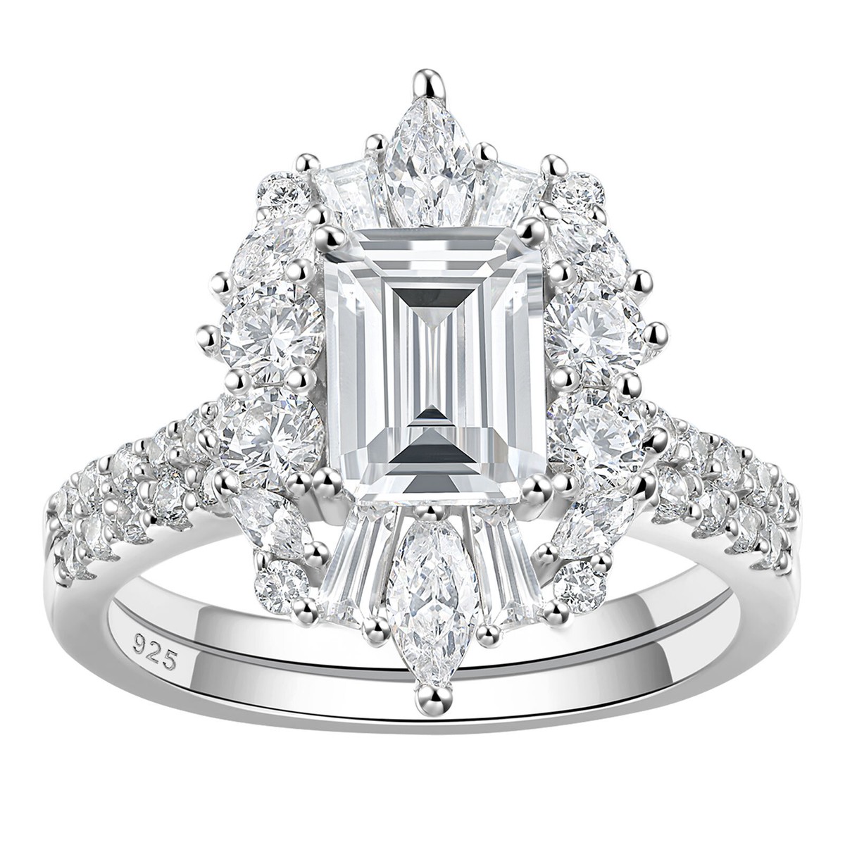 Vintage Emerald Cut Engagement Wedding Ring Sets Sterling Silver