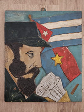 RAMON BARRIOS ART WOOD SCULPTURE FIDEL CASTRO SPEECH FALL PLAQUE 1960s