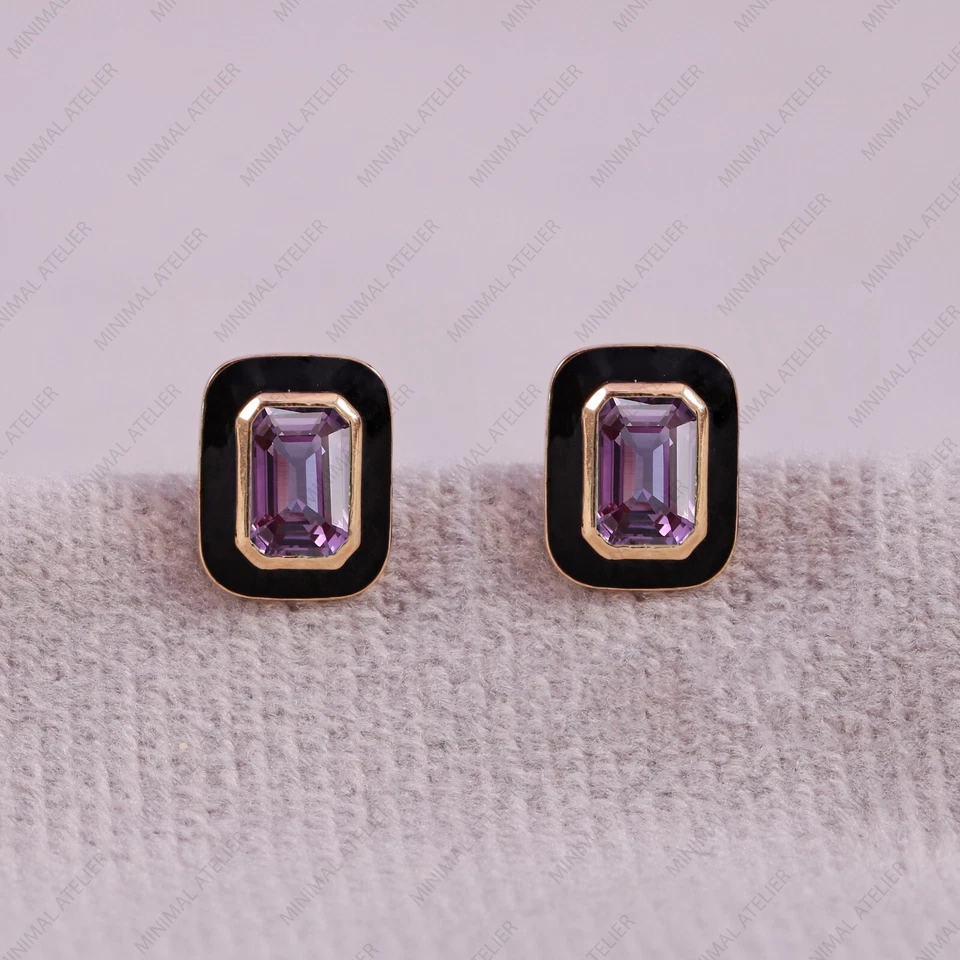 Tachuelas Esmalte Citrino Amatista, Tachuelas Plata 925, Pendientes Regalo Cumpleaños. Foto 3 de 4