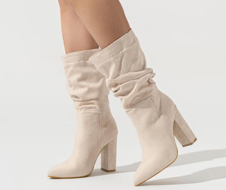 Syktkmx Women's Slouchy Suede Boots – Chunky Block Heel, Pointed Toe, Mid Calf – Slip On Style (Nude, Size 8)