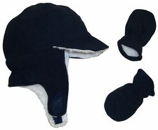 NICE CAPS Boy Sherpa Lined Fleece Brim Flap Hat and Mitten Set