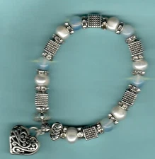 Brighton Pearl/Opal/silver/CZ stretch bracelet with Contempo/Leafy heart charm