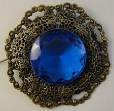 Vintage Signed BOMAE Blue Rhinestone Filigree Brooch 