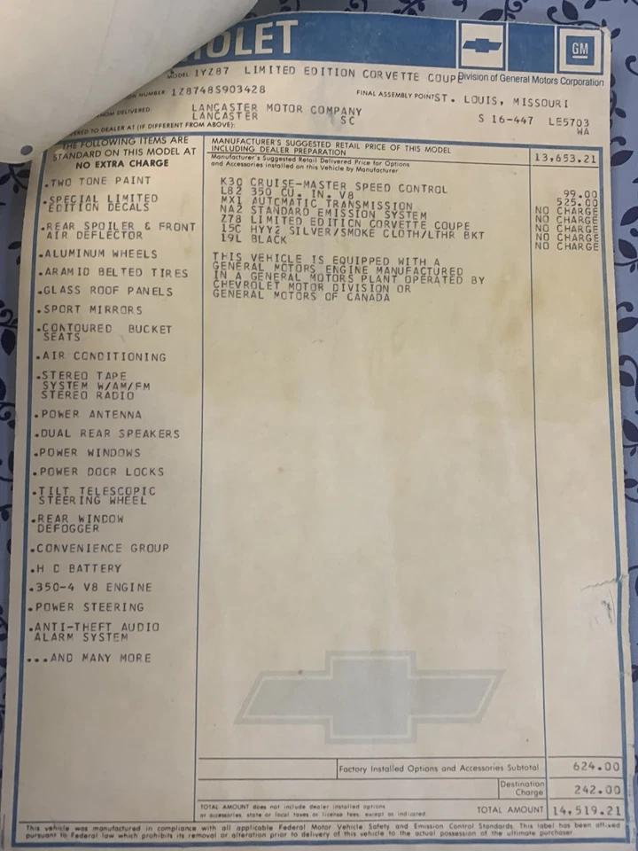 1978 CORVETTE SILVER ANNIVERSARY PROMO PACE CAR ORIGINAL WINDOW STICKER EPA SET Foto 4 de 4