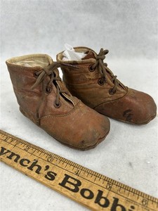 antique tiny shoes baby child soft brown leather high lace original mid 19thc 