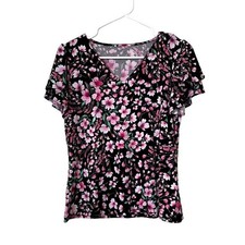 Floral v-neck short sleeved blouse with frilled detail black and pink summer