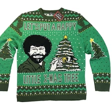 Bob Ross Painting Ugly Christmas Sweater Happy Little Xmas Trees Size Medium New