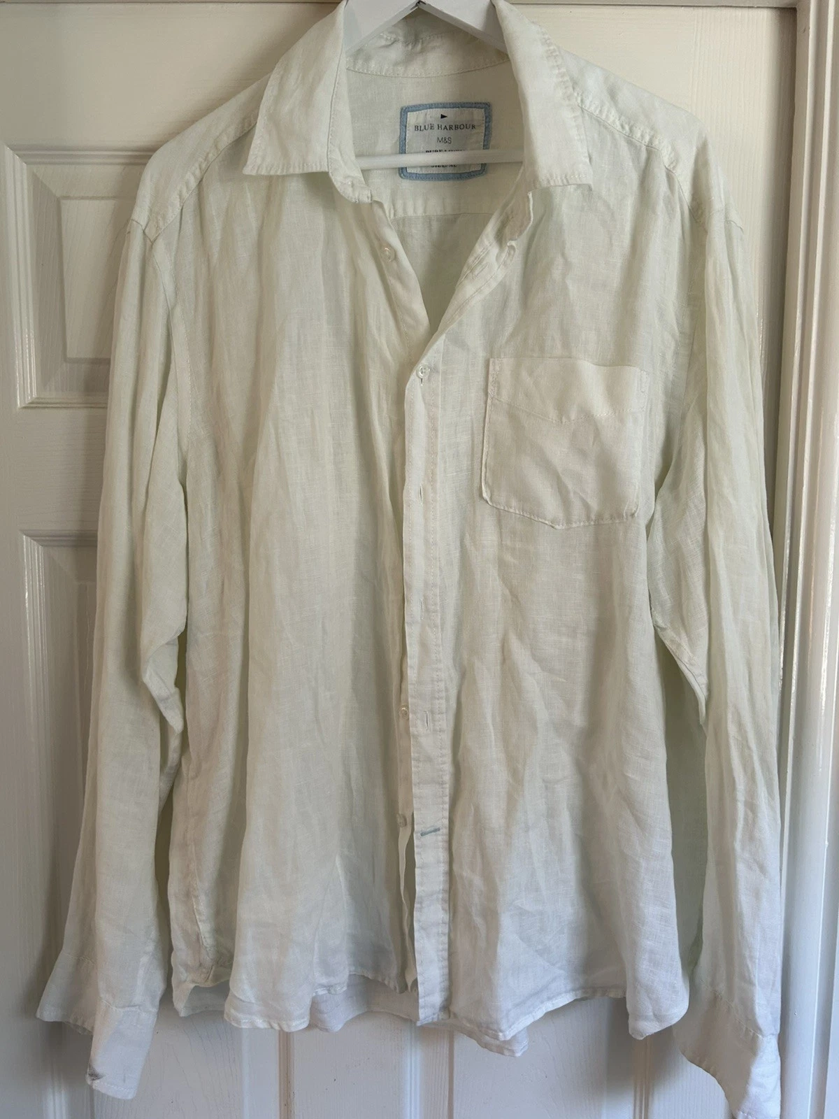 M&S Blue Harbour Linen Shirt Men's XL White 100% Pure Linen Long Sleeve