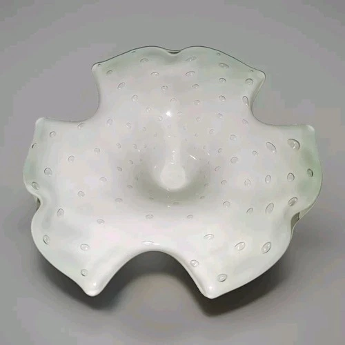 Art Glass Dish White Bullicante Controlled Bubbles Unmarked Hand Blown Bowl
