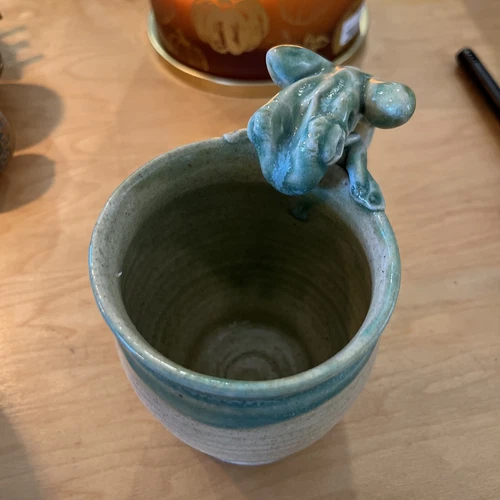 Green Frog Mug, Studio Pottery,4.25” Mug+ Frog Perched On Handle